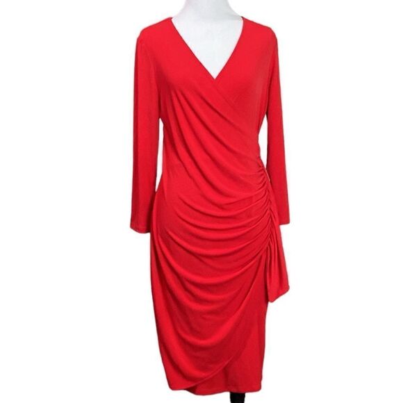 Calvin Klein Red Dress Draped Fabric Vneck 3/4 sleeve - Picture 1 of 11
